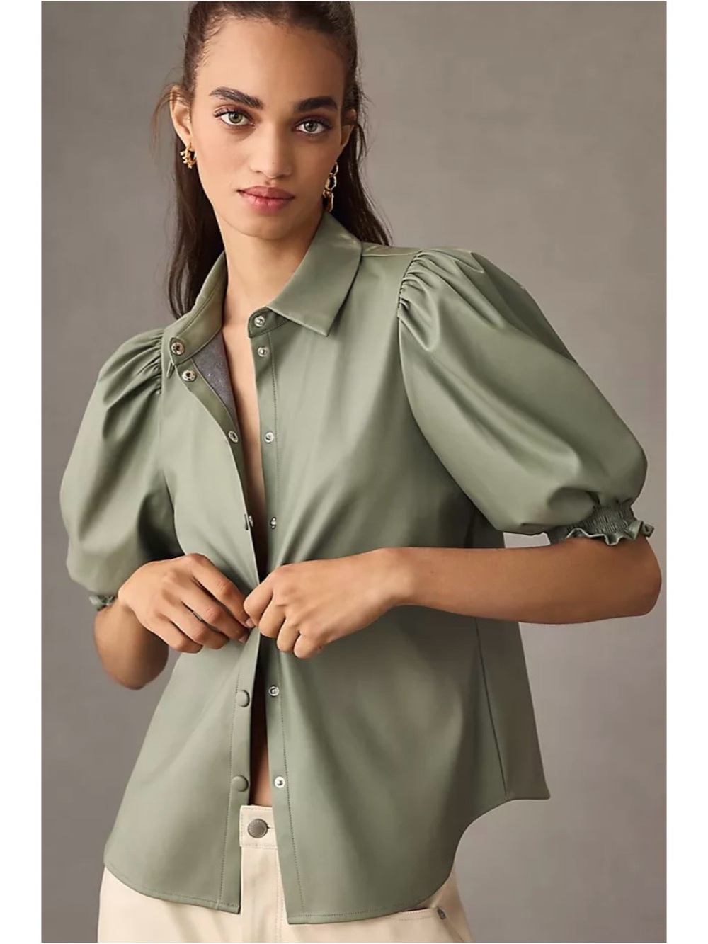 Puff-Sleeve Button Front Top - Sage Green